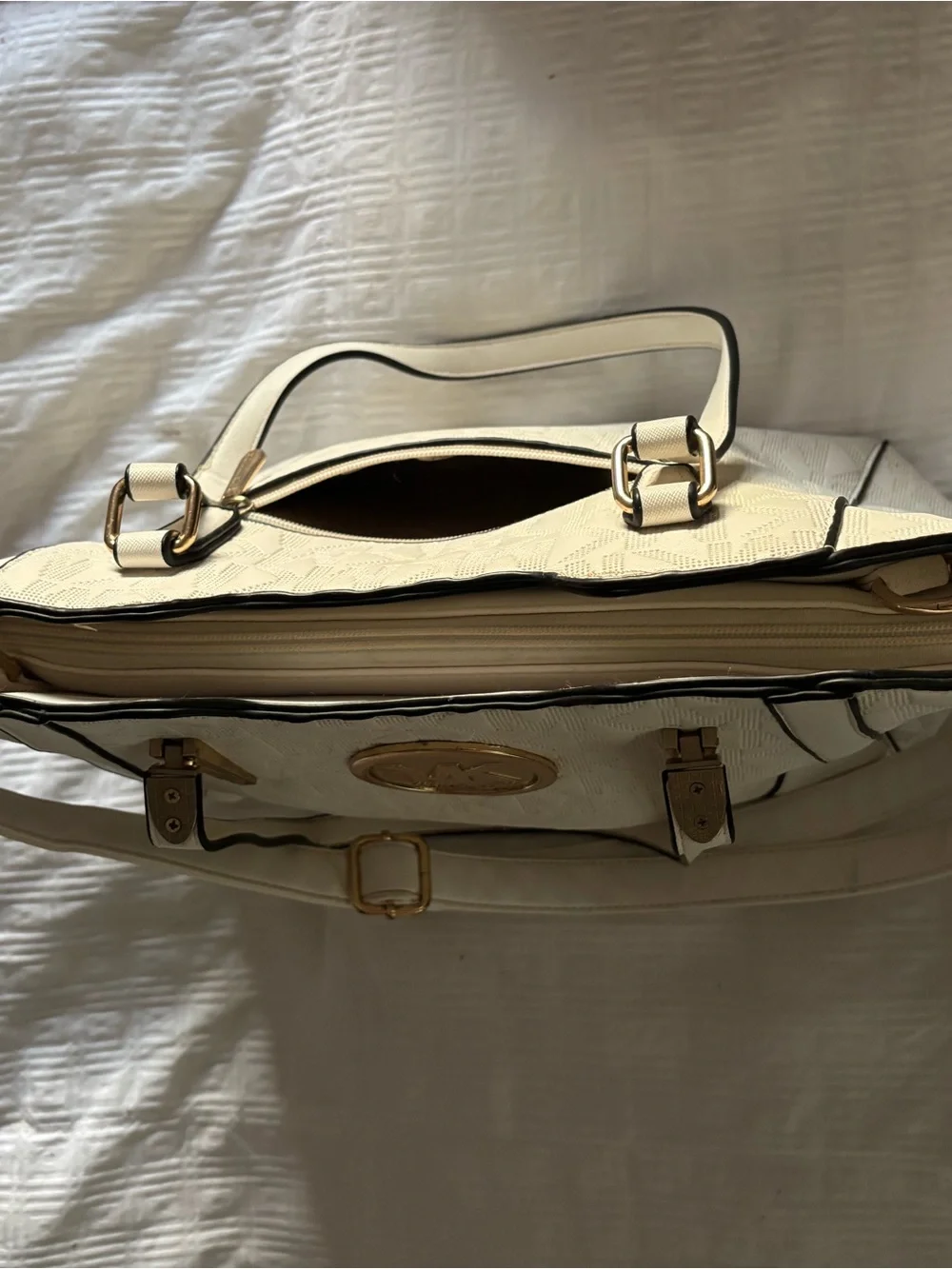 Michael Kors Cream MK Logo Tote with Gold-Tone Medallion